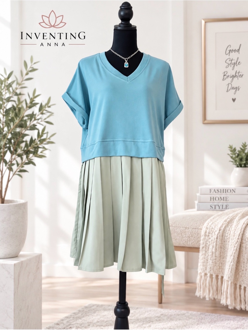 PURPEARL NWT Blue Jersey Top Cream Pleated Midi Dress Size XL